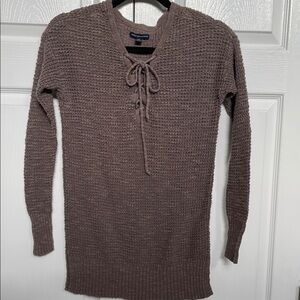 American Eagle Brown Knit Sweater with Lace-Up Detail